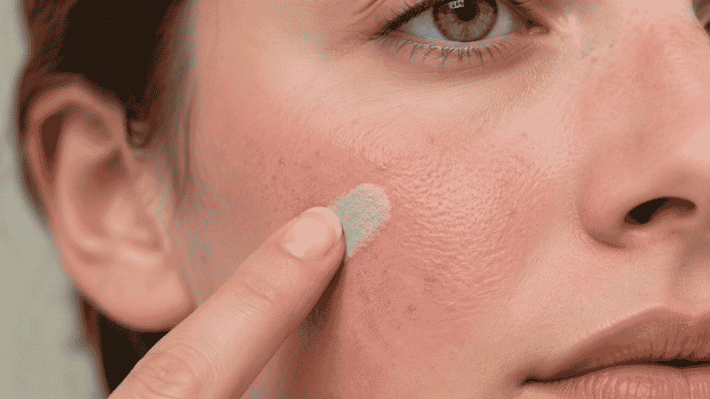 Green color corrector being applied to red rosacea-prone cheeks before foundation to neutralize redness
