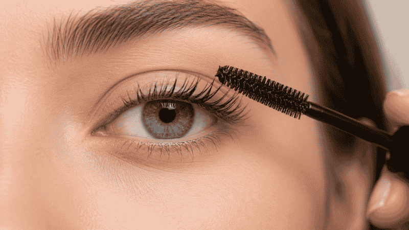 Gentle ophthalmologist-tested mascara wand close to an eye showing safe application for sensitive eye area