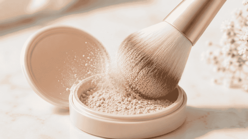 Mineral powder foundation being applied with a brush showing the gentle non-irritating formula for sensitive skin