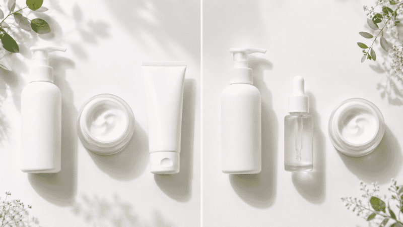 Two groups of skincare products showing morning routine with SPF versus evening routine with treatment serum