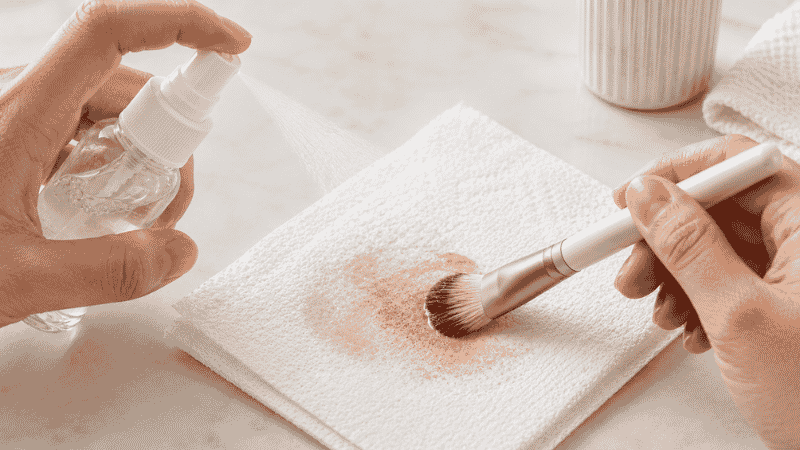 Brush cleaning spray being sprayed onto a paper towel with a makeup brush being wiped clean for a quick between-use clean