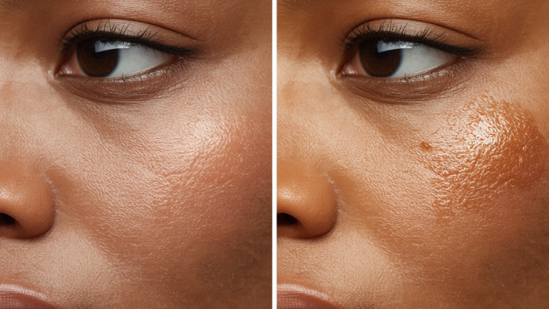 Side-by-side unedited skin texture comparison showing 4-week results of reduced hyperpigmentation and smoother skin after using Qure micro-infusion system