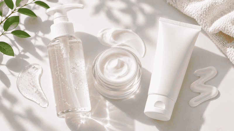 Three essential beginner skincare products — cleanser moisturizer and SPF — showing the complete minimal routine