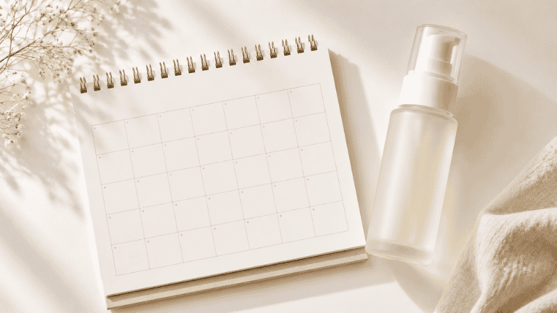 Calendar or timeline visual showing that skincare results take 4 to 8 weeks of consistent routine to appear