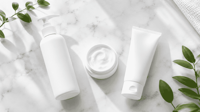 Beginner skincare routine products including cleanser moisturizer and sunscreen arranged on white marble as a complete starter kit