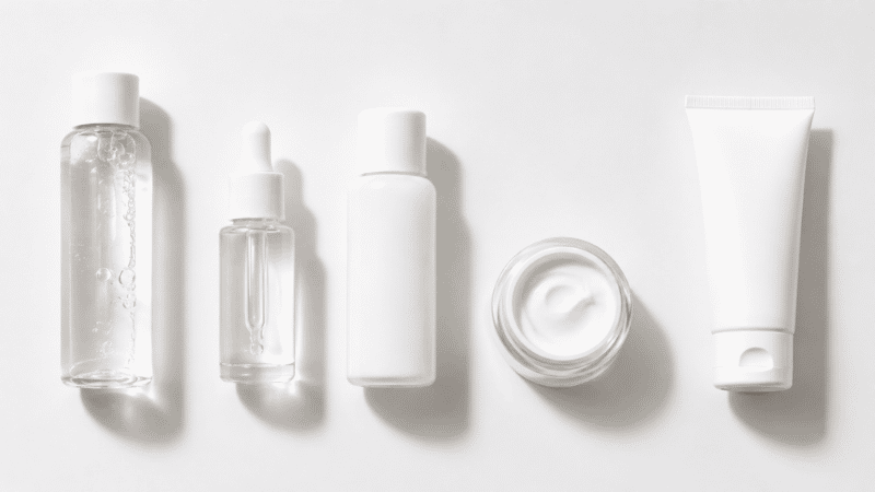 Five skincare products arranged in a line from thinnest to thickest showing the correct morning application order