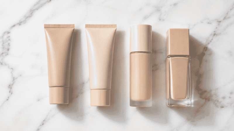Tinted moisturizer tube BB cream and foundation bottle arranged side by side on white marble for a product comparison