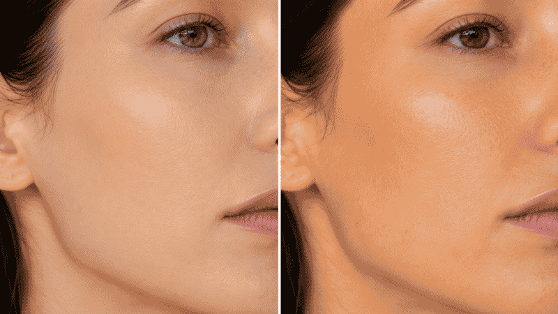 Side by side comparison showing fresh foundation application versus the same foundation oxidized and turned orange 30 minutes later