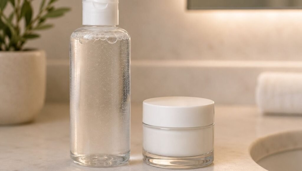 Minimal two products — micellar water and moisturizer — showing the simple lazy night version of an evening skincare routine