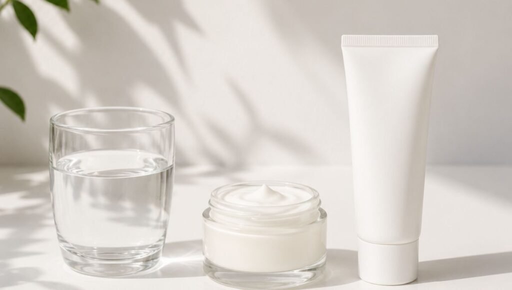 Three essential morning skincare products — water moisturizer and SPF — showing the simplest possible effective routine