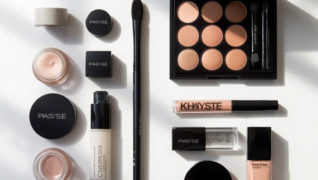 Four makeup product groups arranged showing a progression from essential five products to a complete beginner kit