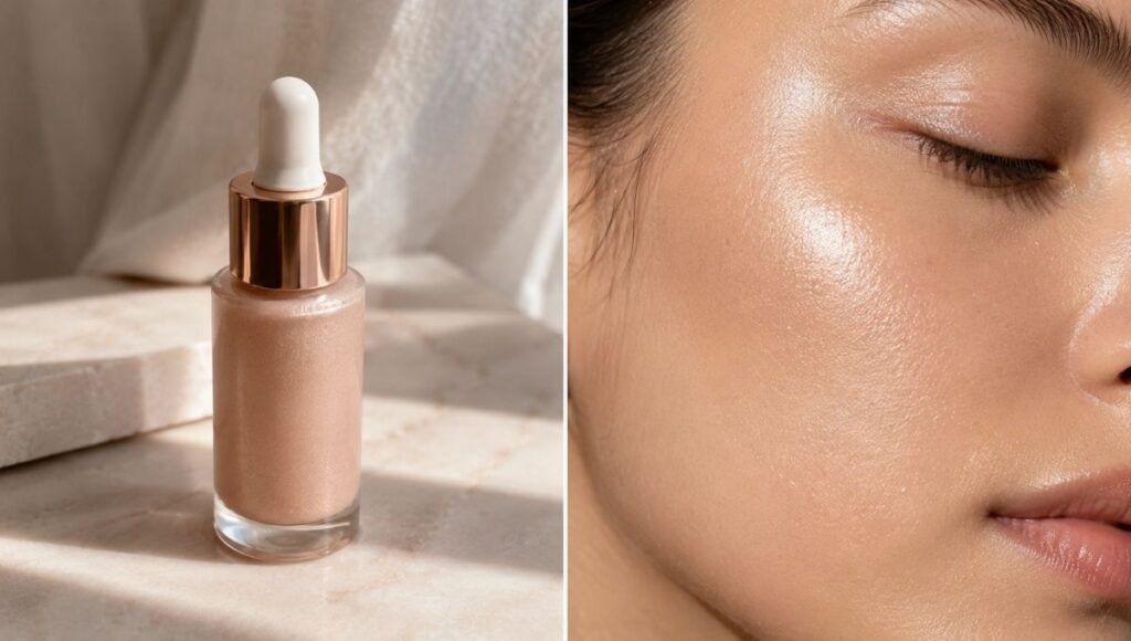 e.l.f. Halo Glow Liquid Filter bottle beside a glowing skin result showing the luminous complexion effect