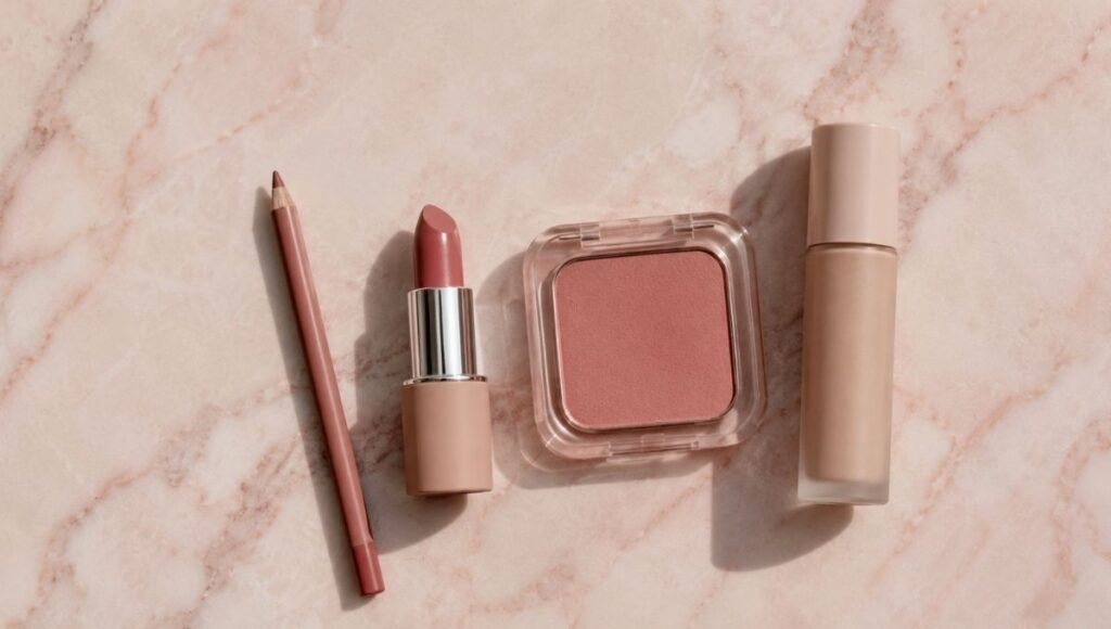 Drugstore makeup dupes for Charlotte Tilbury Pillow Talk collection including lip liner lipstick and blush arranged on pink surface