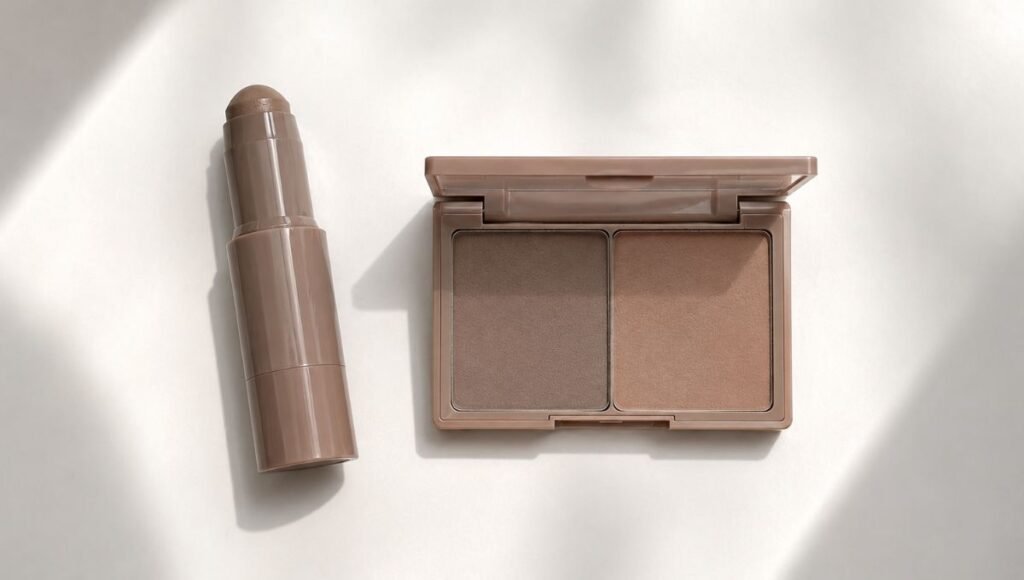 Cream contour stick on the left and powder contour palette on the right showing two different formula options for beginners