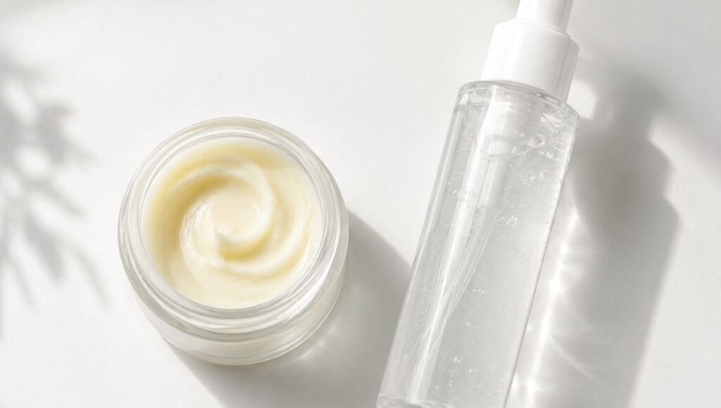 Cleansing balm and gel cleanser side by side showing the two-step double cleansing method essential for glass skin