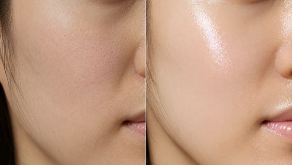 Split image showing dull dehydrated skin on the left versus glowing luminous hydrated glass skin on the right after consistent skincare