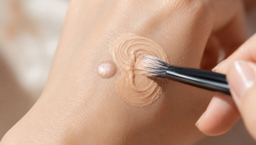Liquid highlighter being mixed into foundation on the back of a hand showing the makeup technique for creating an instant glass skin effect