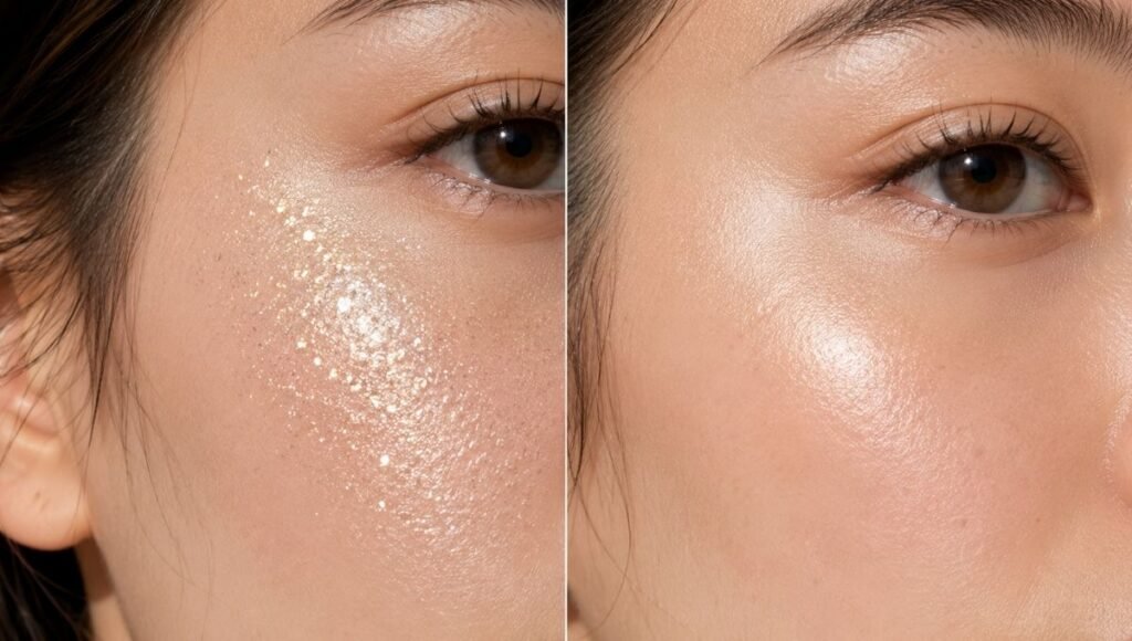 Side by side comparison of chunky glittery highlighter versus finely milled natural glowy highlighter on skin