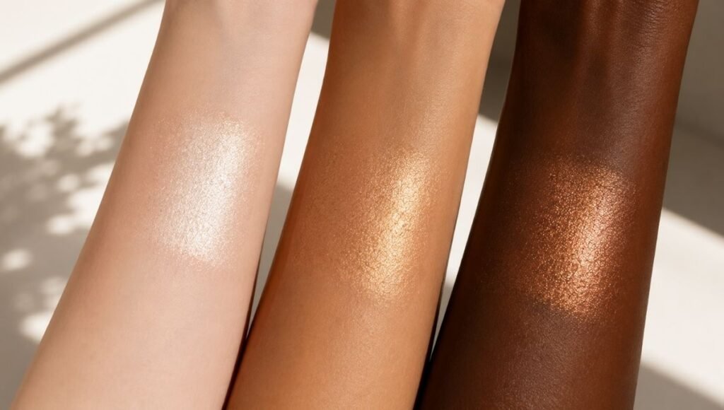 Three highlighter shades swatched on different skin tones showing champagne for fair gold for medium and copper for deep skin
