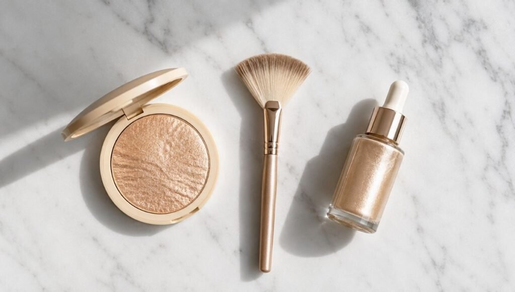 Highlighter powder compact fan brush and liquid highlighter bottle arranged on white marble for a beginner glow guide