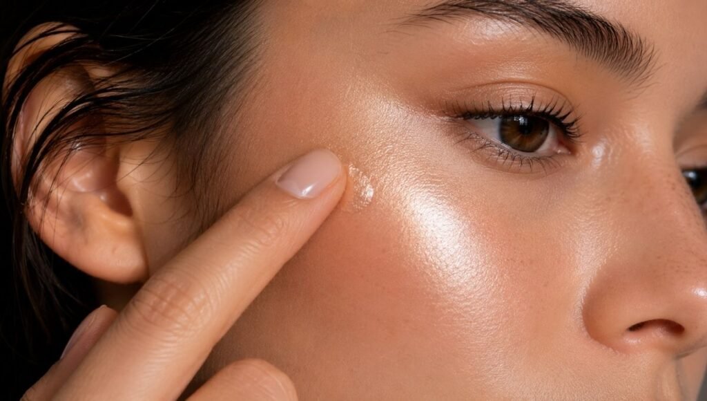 Fingertip pressing liquid highlighter onto the cheekbone showing the skin-melting natural glow effect