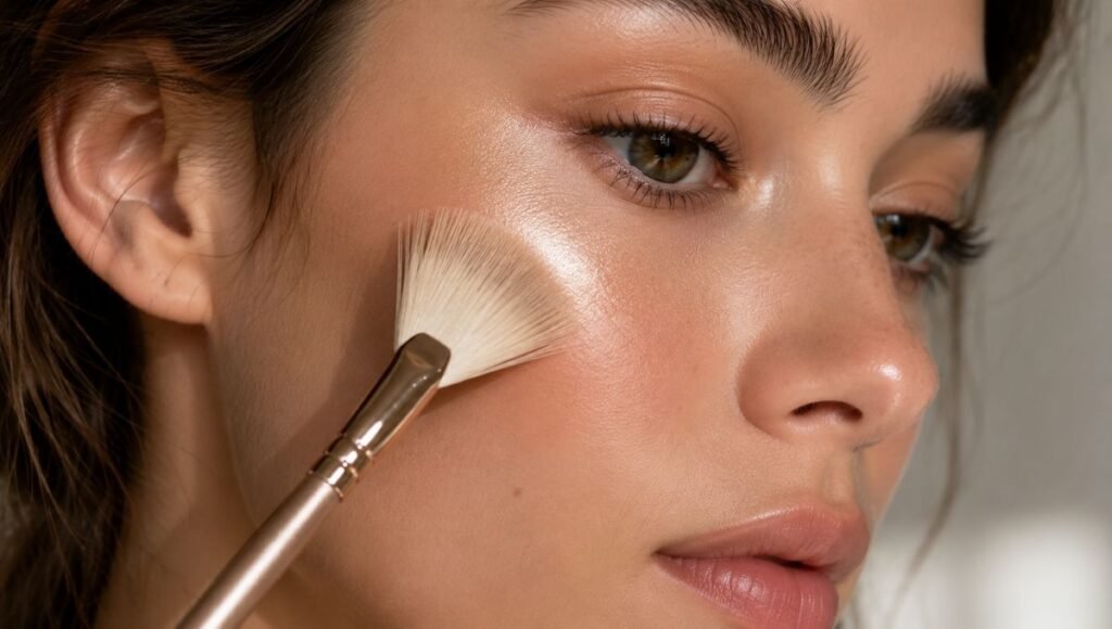 Fan brush sweeping a small amount of pressed powder highlighter across the top of a cheekbone