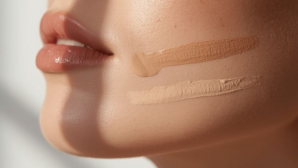 Three foundation shades swatched along a jawline in natural light showing the correct shade matching method
