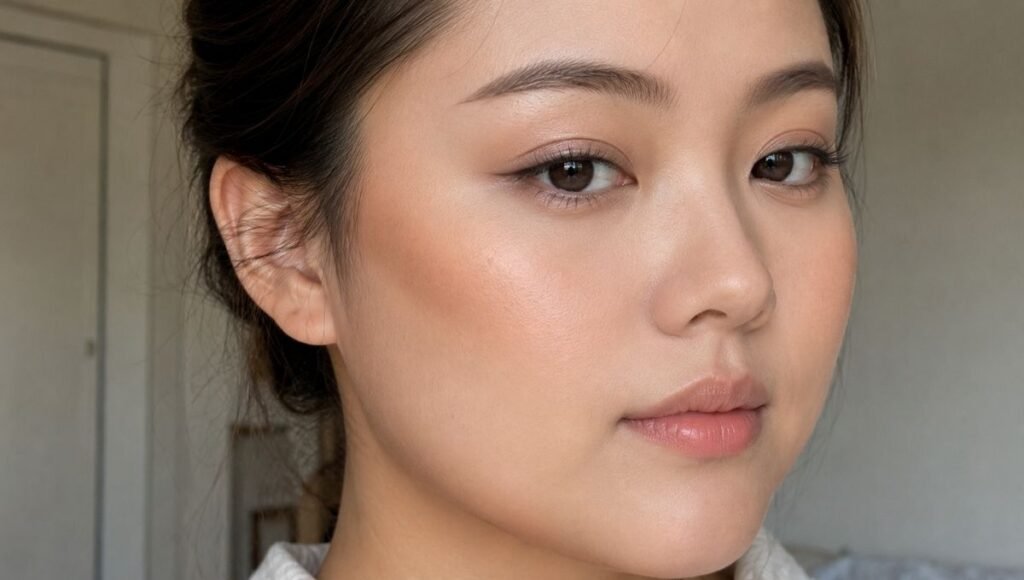 Contour applied diagonally upward on a round face showing the lifting sculpting effect toward the temple