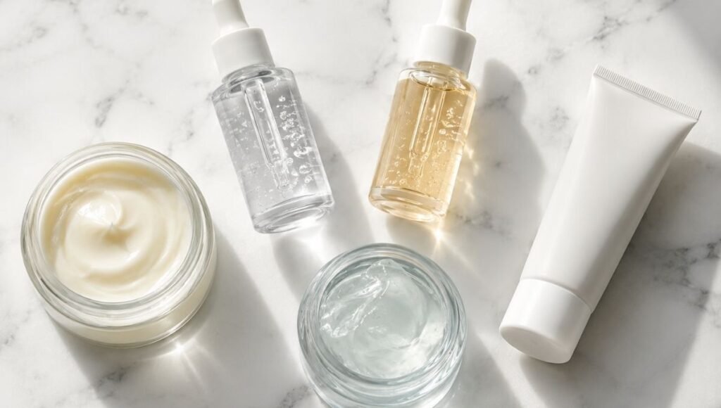 Glass skin routine products including cleansing balm hyaluronic acid serum moisturizer and SPF arranged on white marble