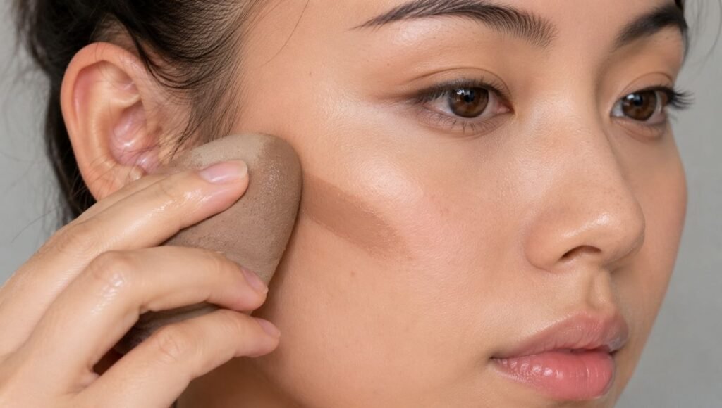 Contour stick line drawn on cheek being blended with damp beauty sponge showing the correct blending technique