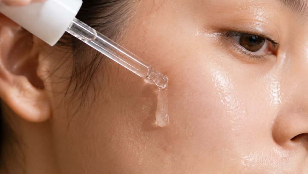 Hyaluronic acid serum being applied to slightly damp skin immediately after cleansing for maximum moisture absorption
