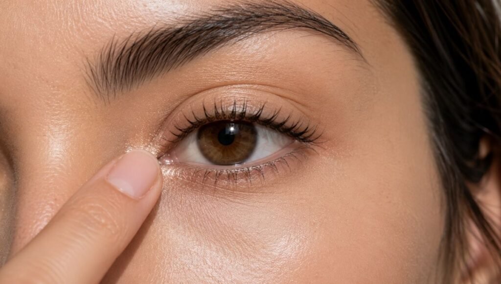 Ring finger applying a tiny dot of highlighter to the inner corner of the eye to make eyes look more open and awake