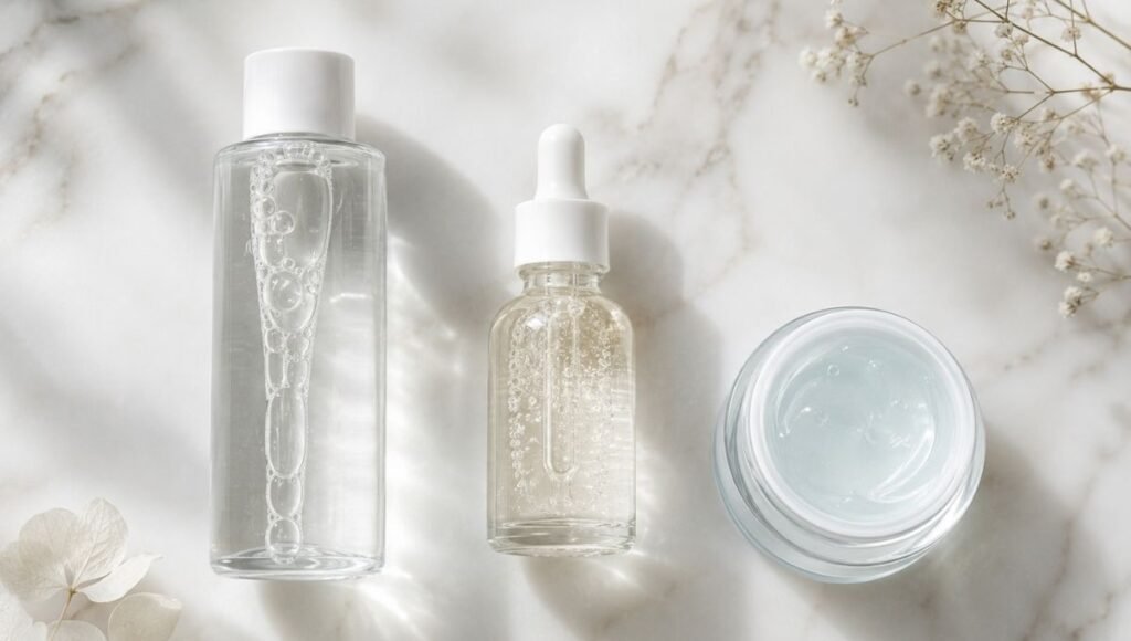 Three hydration products arranged showing the layering order — toner then hyaluronic acid serum then gel moisturizer for glass skin