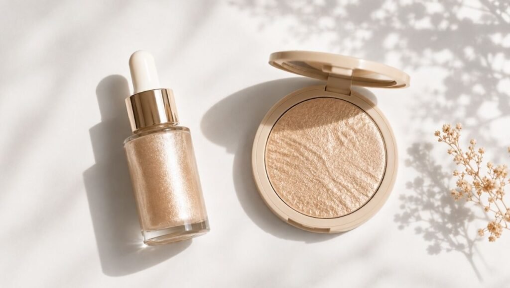 Liquid highlighter dropper bottle and powder highlighter compact placed side by side showing two different formula options