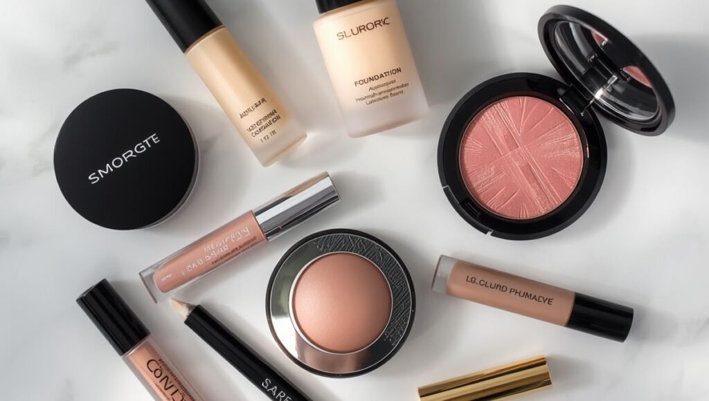 Full range of beginner makeup products including base color and eye products laid out showing what each product does