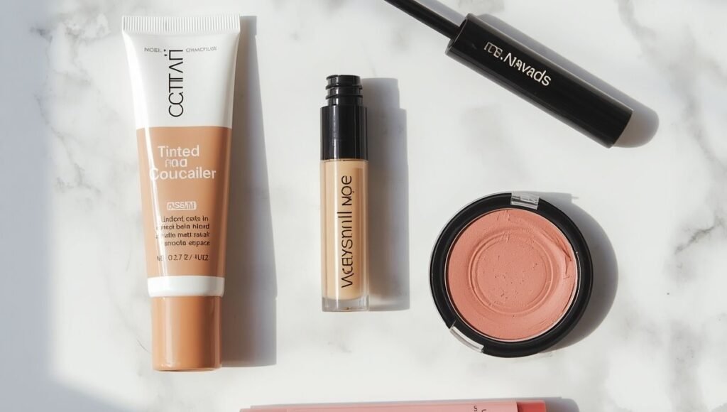Complete beginner makeup kit with five essential products — tinted moisturizer concealer mascara blush and lip gloss arranged on white marble