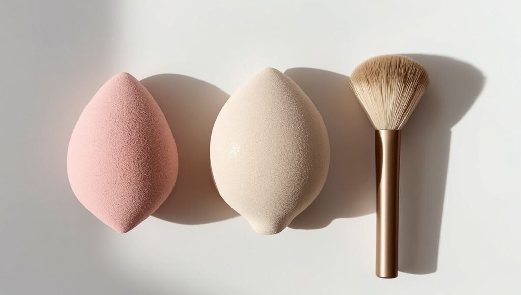 Three essential beginner makeup tools — a damp beauty sponge a fluffy powder brush and a spoolie — arranged on white surface