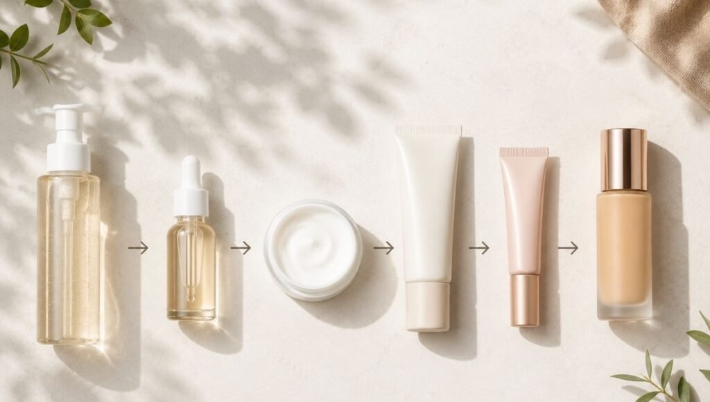Morning skincare products and makeup products arranged showing the correct order from SPF to foundation for a complete morning routine