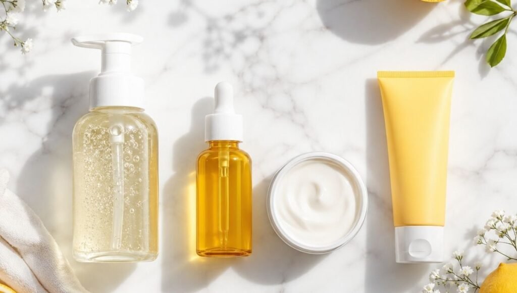 Morning skincare products including cleanser vitamin C serum moisturizer and SPF arranged on white marble for a beginner routine