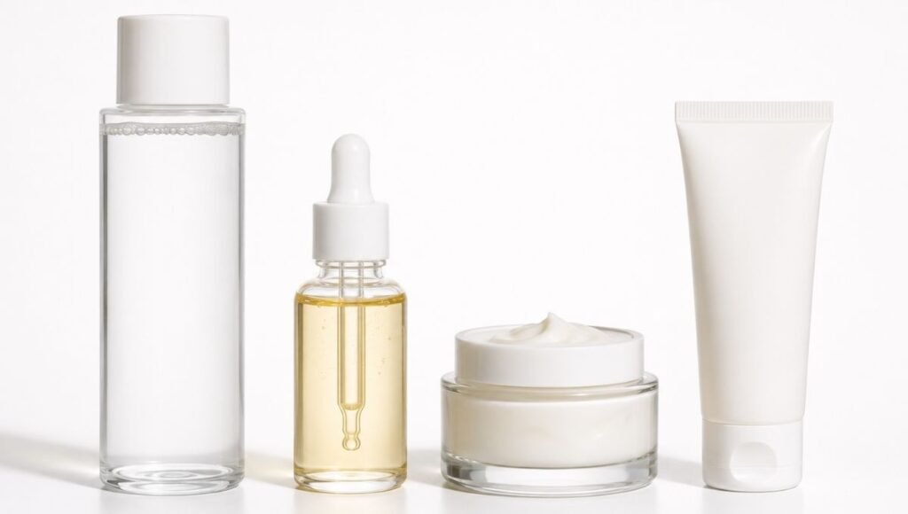 Four skincare products arranged in the correct morning application order from thinnest to thickest — toner serum moisturizer SPF