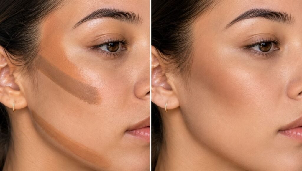 Side by side comparison showing over-applied muddy contour versus correctly blended natural-looking contour