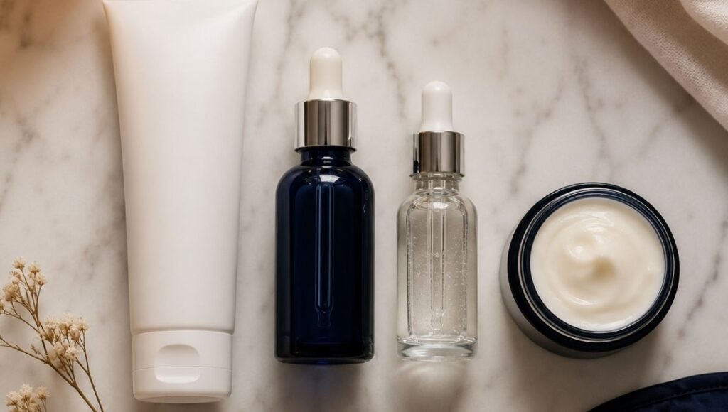 Night skincare products including cleanser retinol serum and moisturizer arranged on white marble for a beginner evening routine