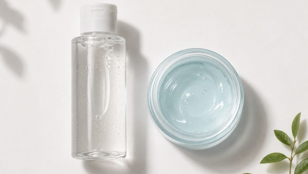 Lightweight gel moisturizer and BHA exfoliant arranged as the key nighttime products for oily and acne-prone skin