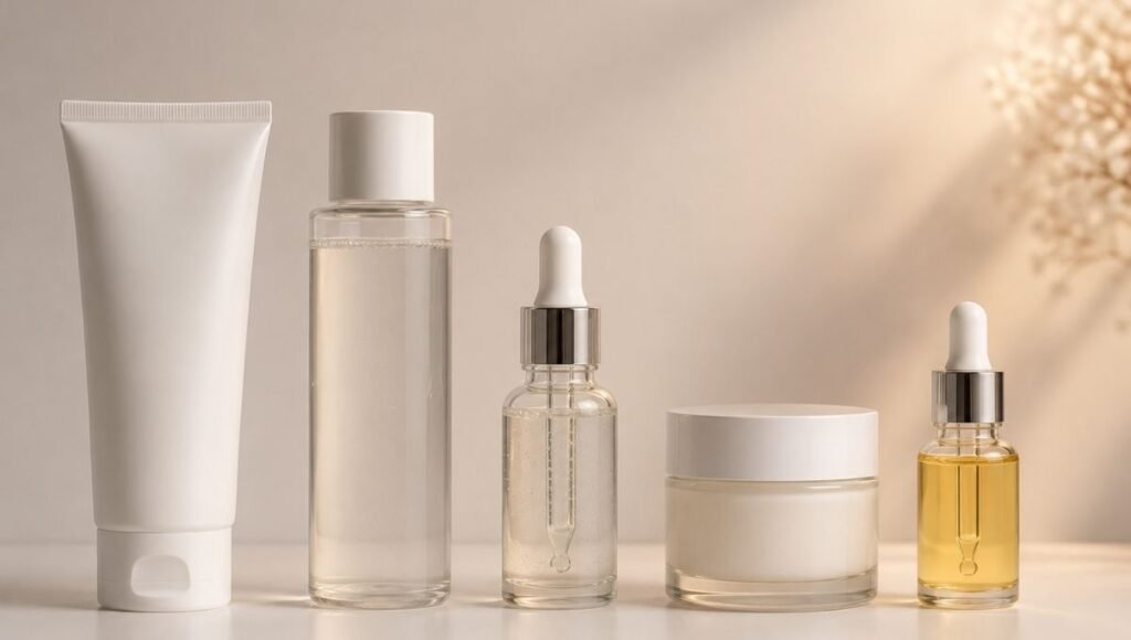Five skincare products arranged in correct nighttime application order showing the complete evening routine sequence