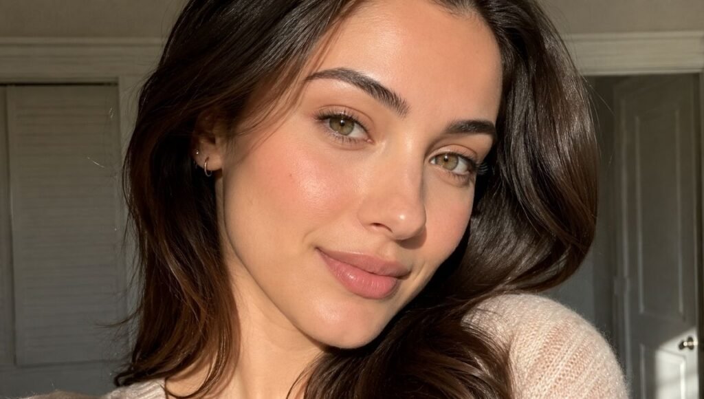 Complete Pillow Talk-inspired everyday makeup look using only drugstore products showing rosy nude lip glowing skin and soft blush