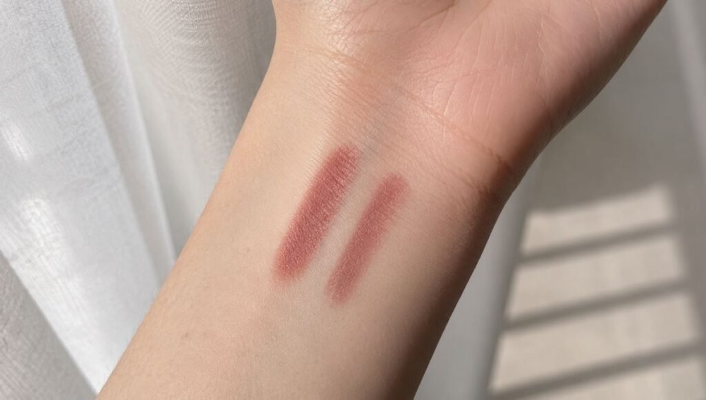 NYX Line Loud lip liner in Trophy Life swatched on skin beside Charlotte Tilbury Pillow Talk lip liner showing color comparison