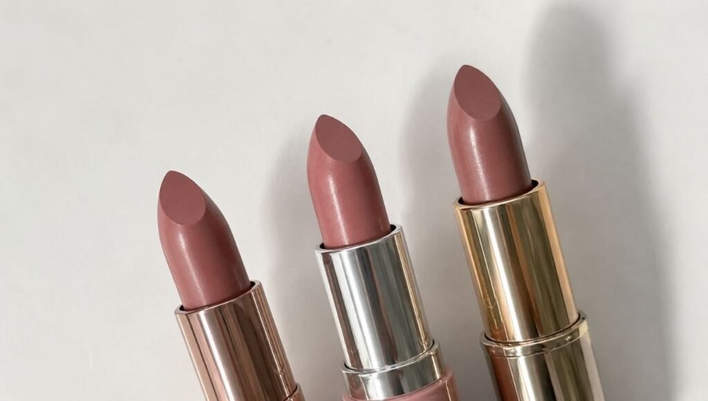 Affordable drugstore lipstick in a warm rosy-nude shade matching Charlotte Tilbury Pillow Talk lipstick color