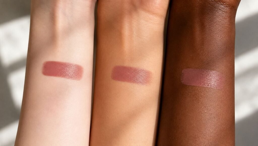 Warm rosy-nude makeup shade swatched across three different skin tones showing universal flattering quality