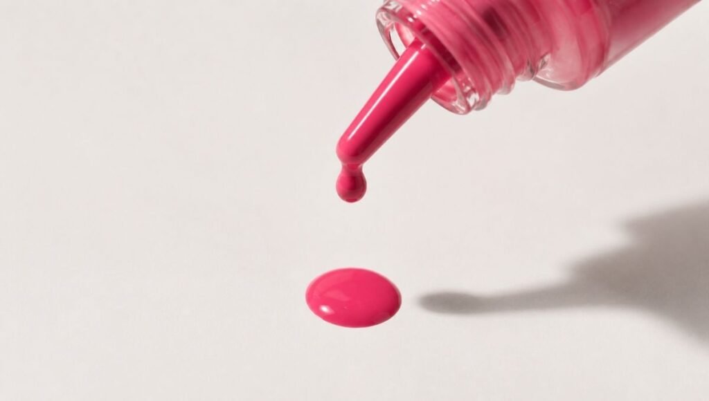 Liquid blush dropper bottle showing one small drop of pigmented product demonstrating how little is needed for full color