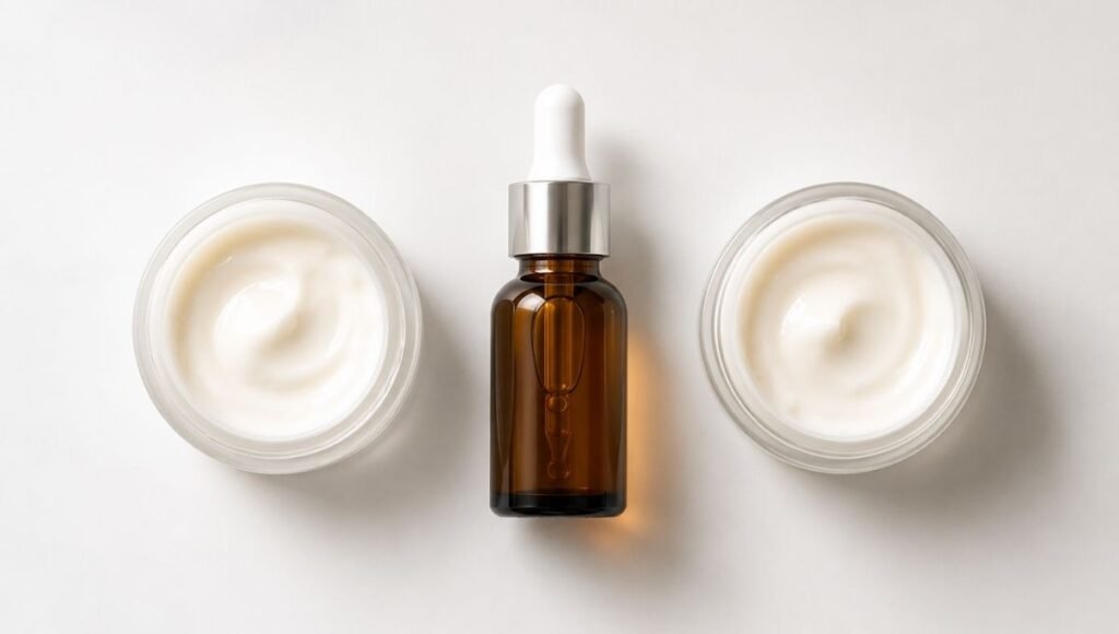 Retinol serum and moisturizer placed side by side showing the correct layering order for beginners using the sandwich method